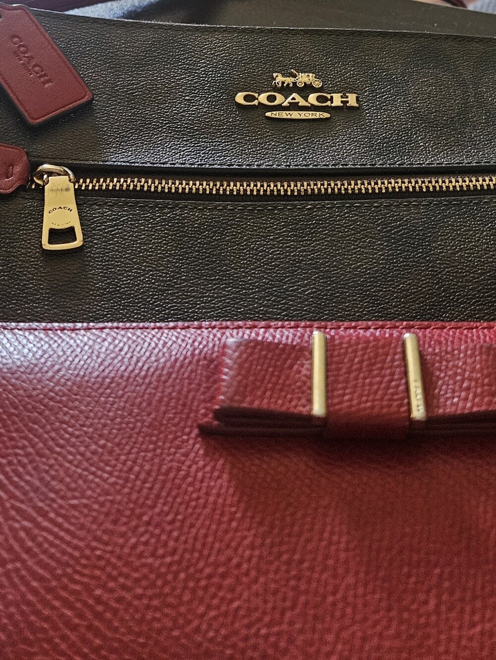 COACH Two-Tone Black and Red Leather Shoulder Bag With A Red Matching Wallet.